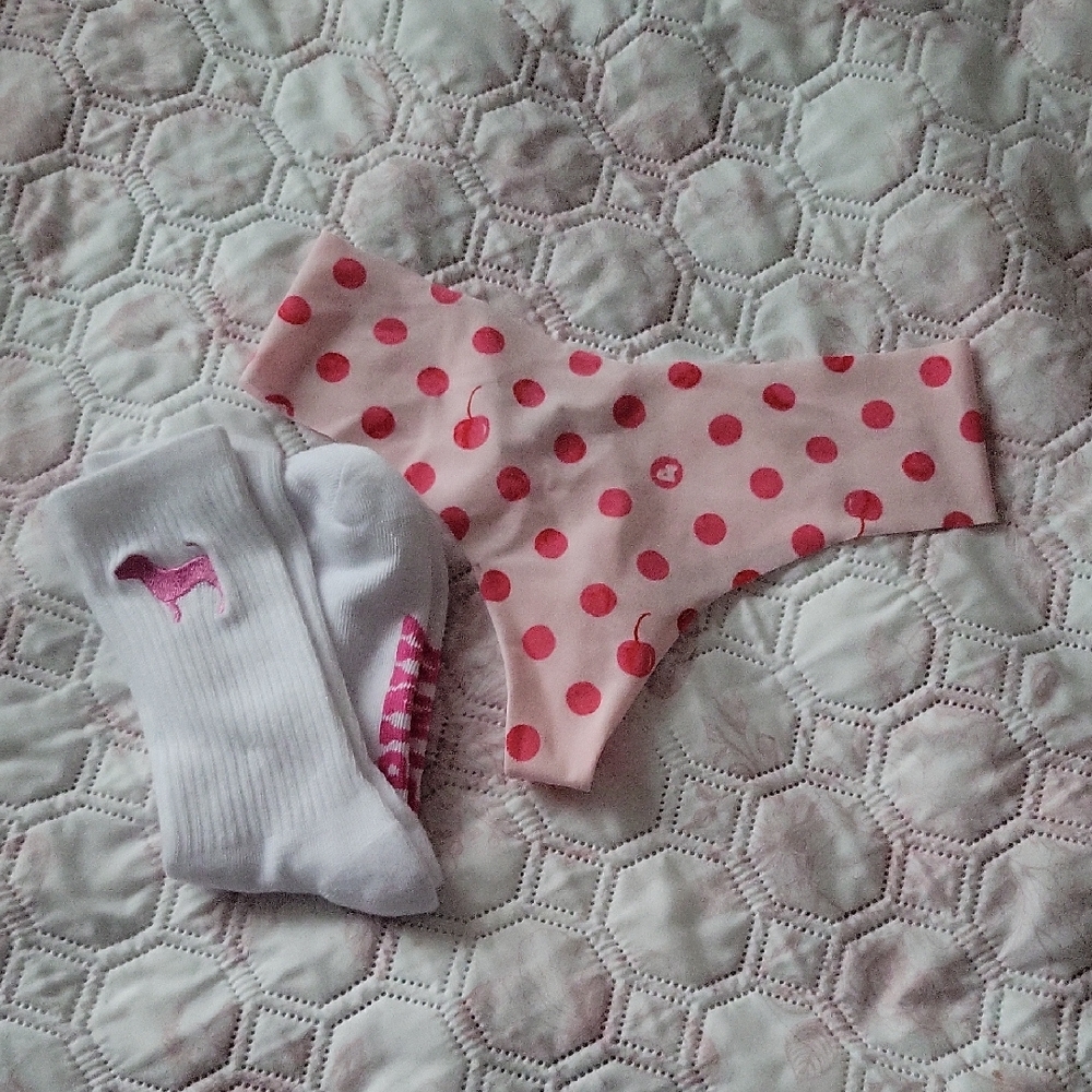 PINK Victoria's Secret Pink Polka Dot Thong with White Logo Socks